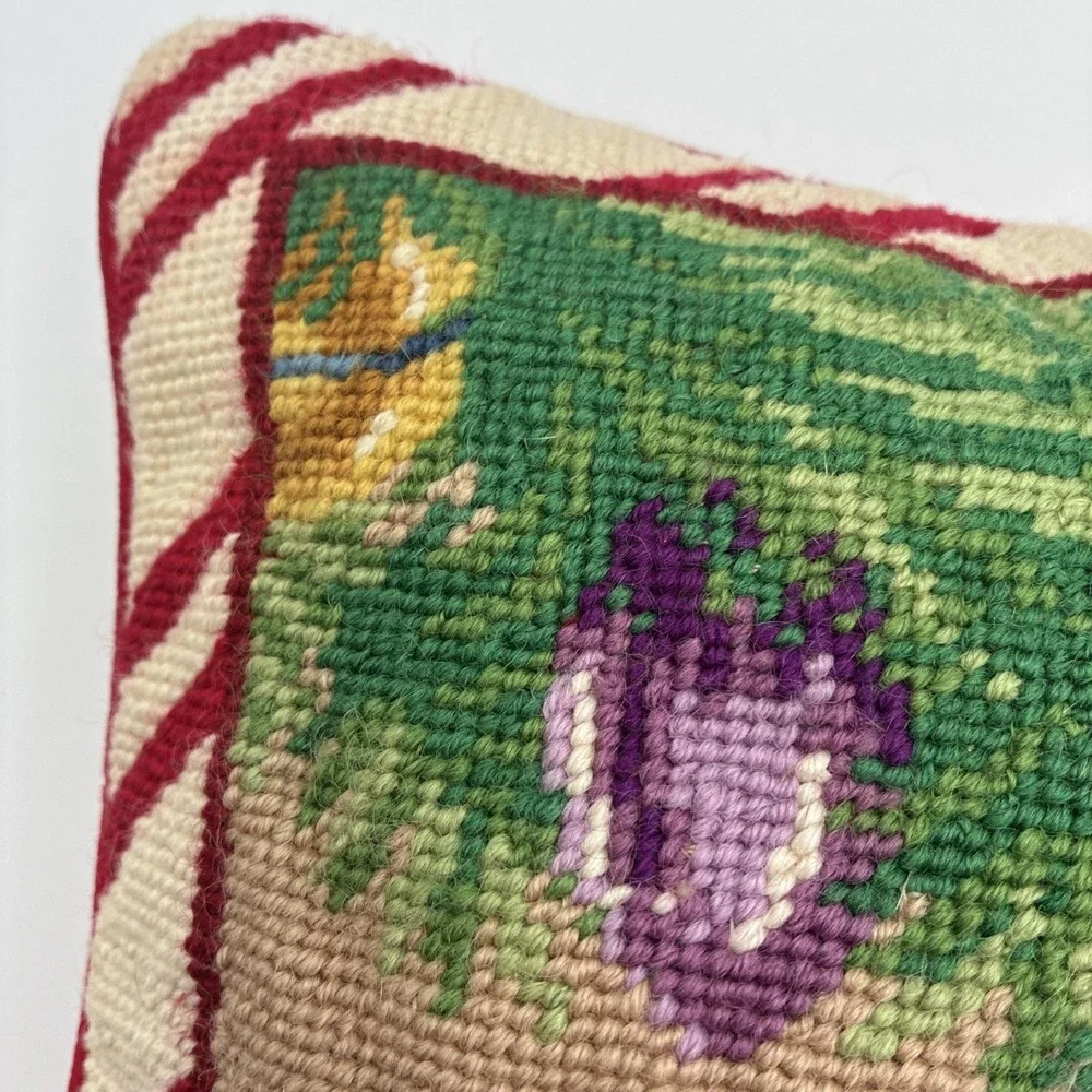 Vintage Christmas Cat Needlepoint Pillow Holiday Sleeping Kitty Velvet Back 13